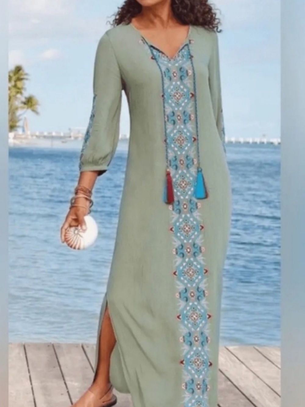 Soft Surroundings Green Embroidered tassel maxi dress size medium
